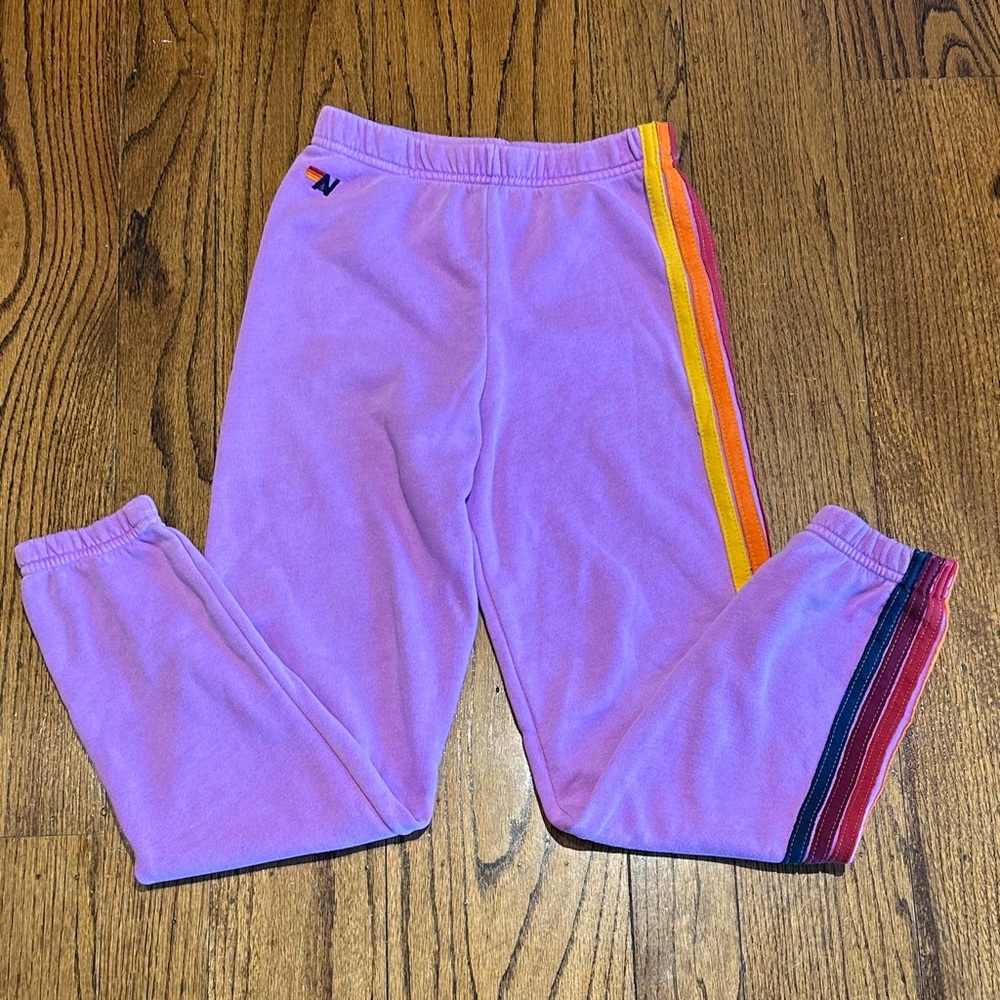Worn once! Aviator Nation Kids Neon Purple 5 Stripe Sweatpants Size 14